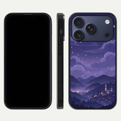 Minimal Night View Glass Case for iPhone 17 Pro front & back layout highlighting minimal night vibe and curves