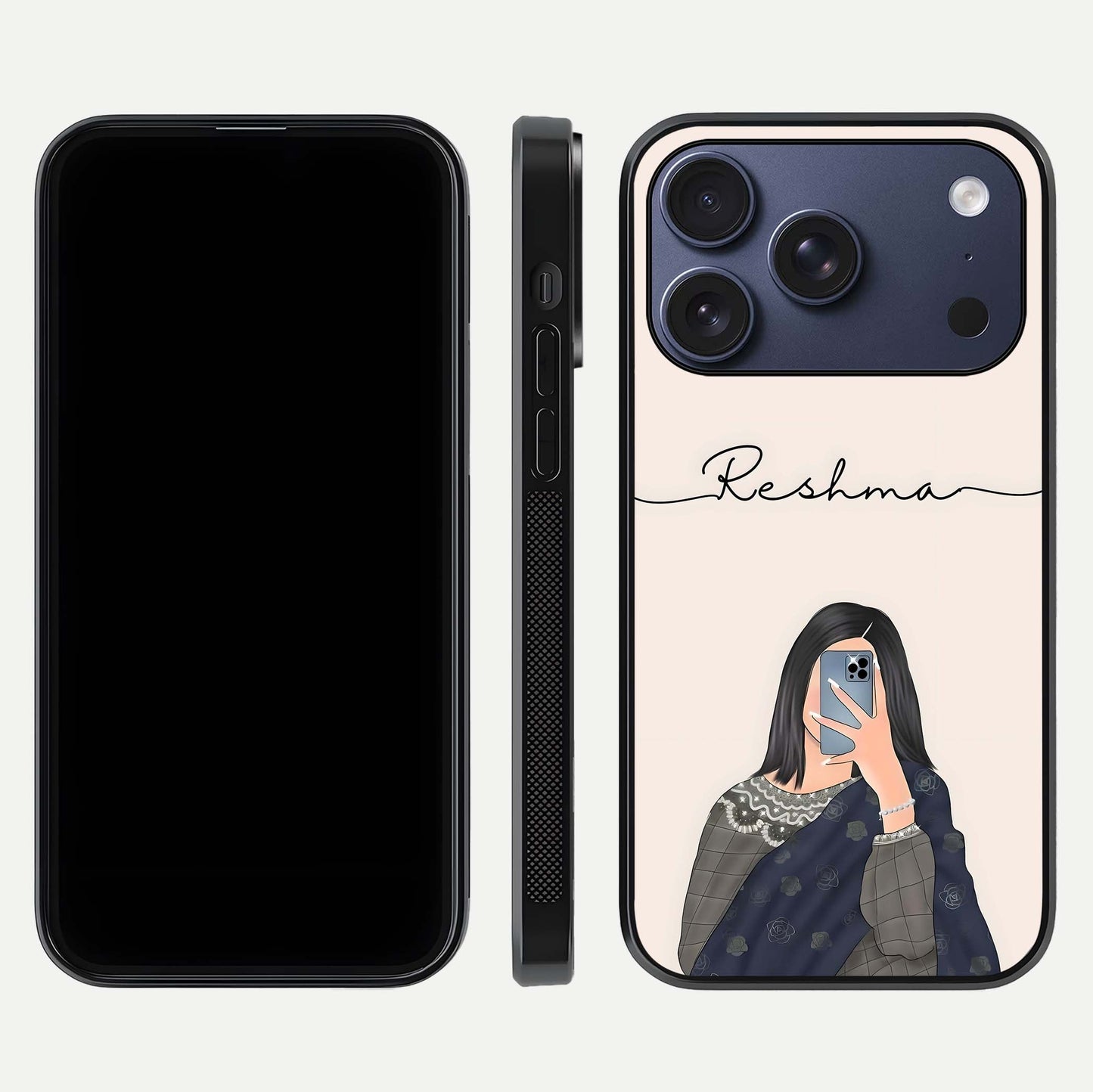 Mirror Mood Muse Custom Name Glass Case for iPhone 17 Pro front & back layout showing personalized name placement