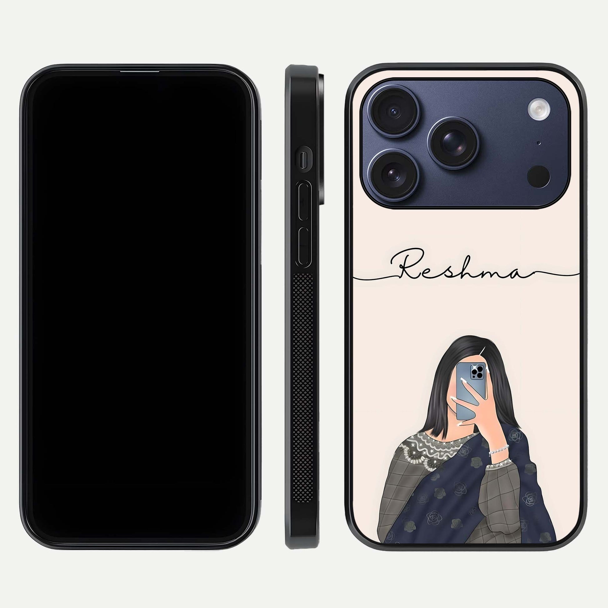 Mirror Mood Muse Custom Name Glass Case for iPhone 17 Pro front & back layout showing personalized name placement