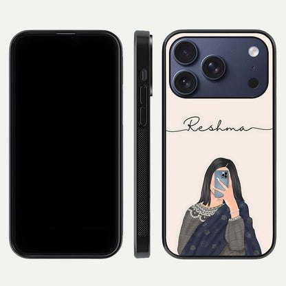 Mirror Mood Muse Custom Name Glass Case for iPhone 17 Pro front & back layout showing personalized name placement