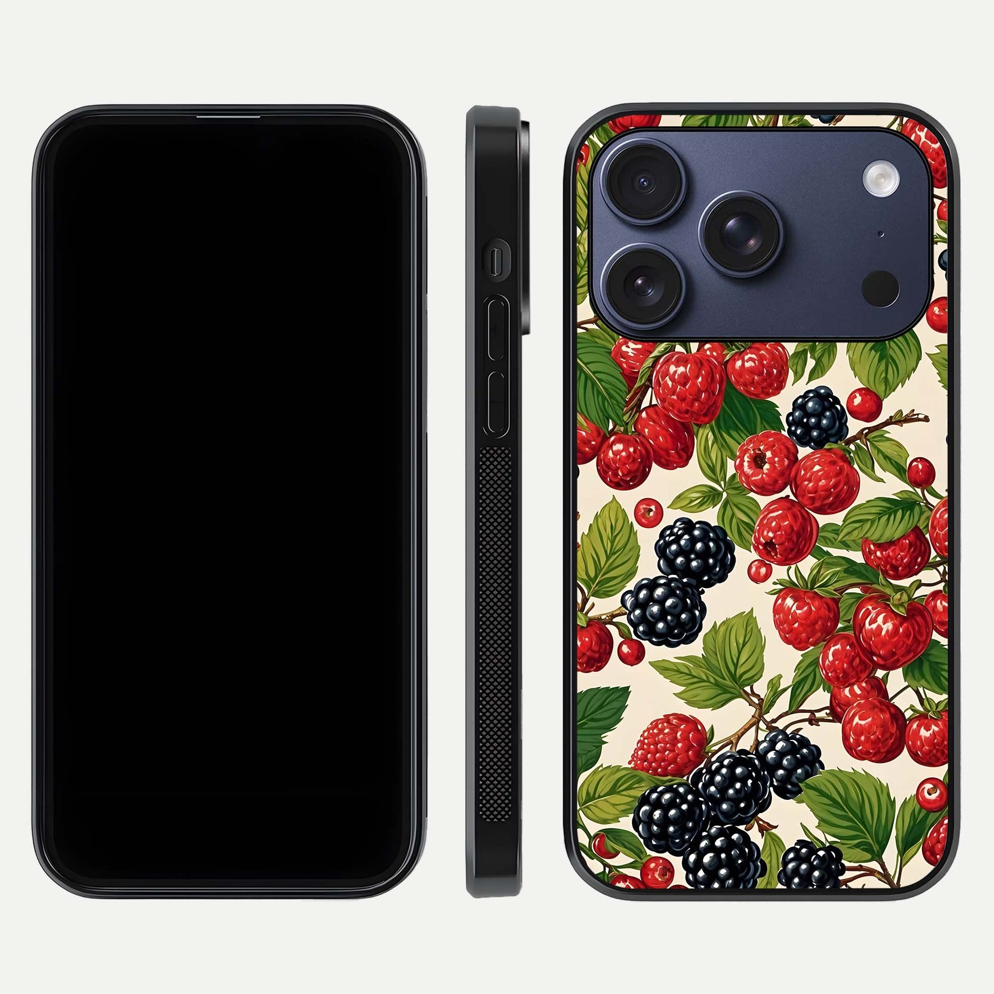 Mixed Berry Collage Glass Case for iPhone 17 Pro front & back layout highlighting colorful art and curved edges