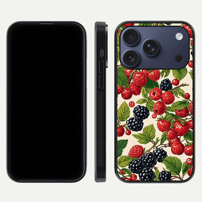 Mixed Berry Collage Glass Case for iPhone 17 Pro front & back layout highlighting colorful art and curved edges