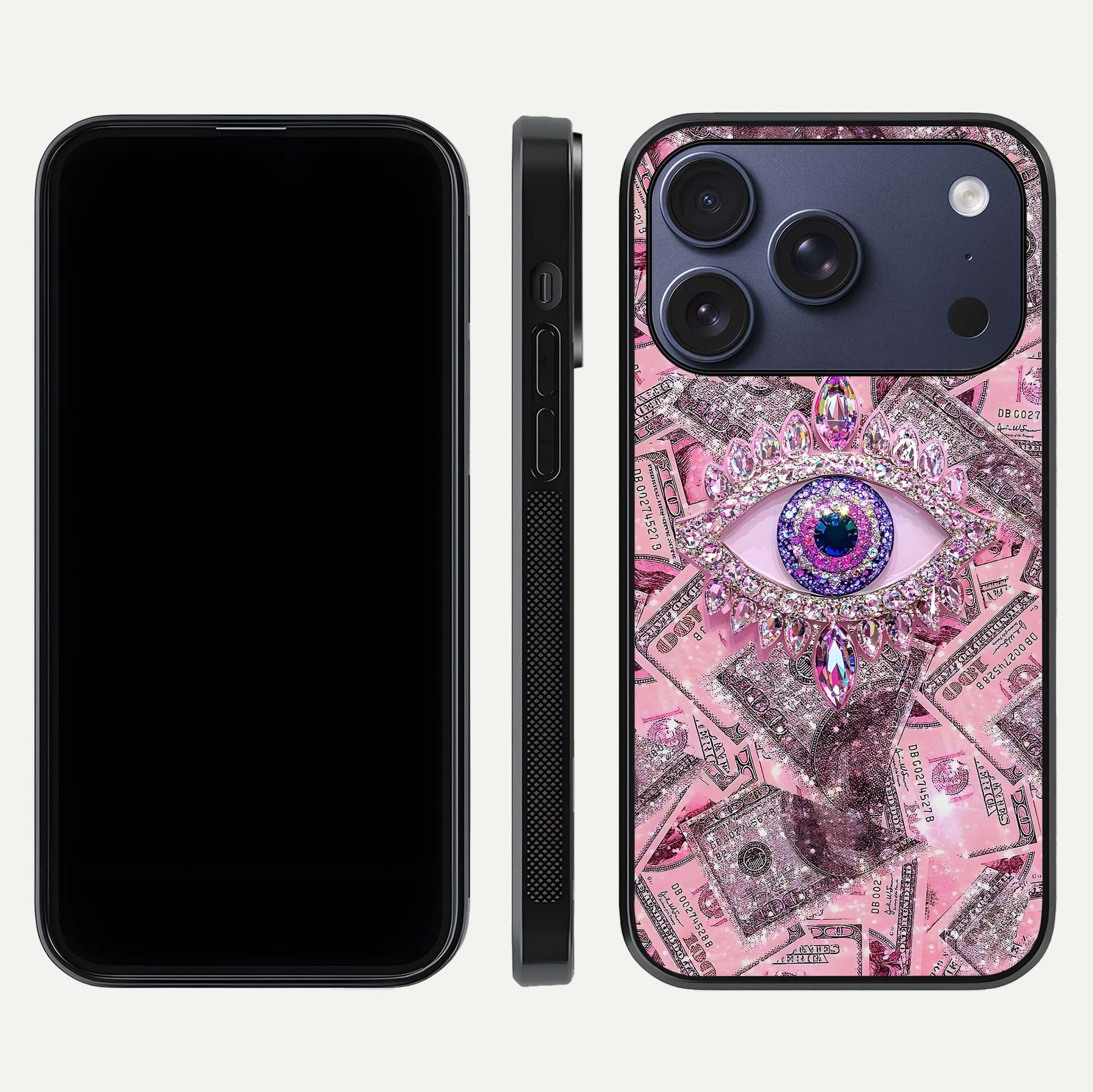 Money Eye Luxe Glass Case for iPhone 17 Pro front & back layout highlighting luxury edge design and bold art