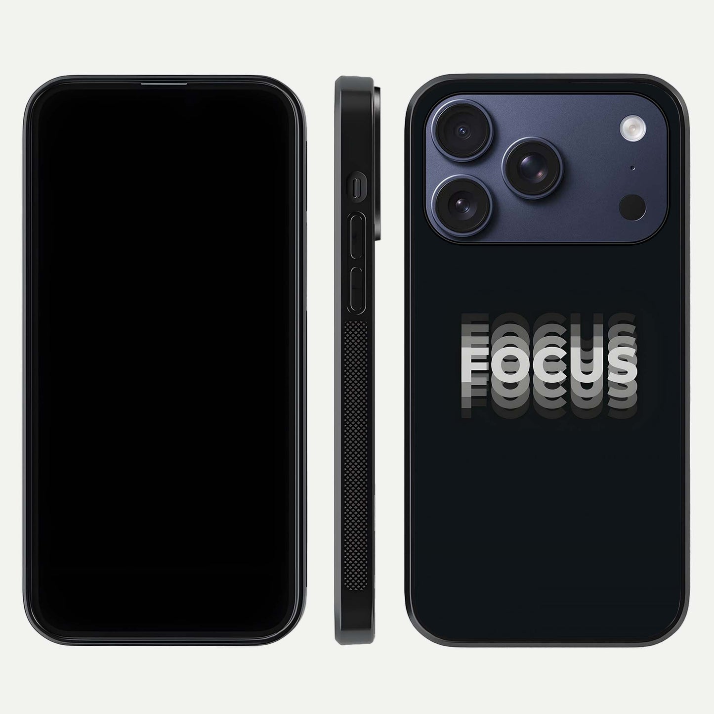 Mono Focus Vision Glass Case for iPhone 17 Pro front & back layout showing clean focus lines and curved edges