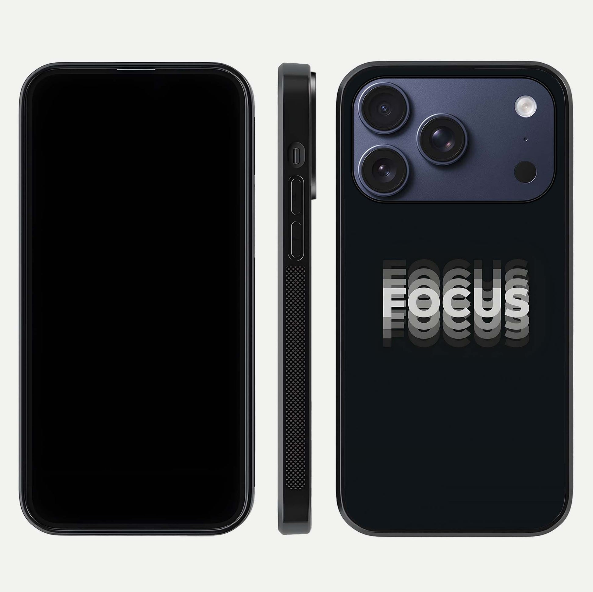 Mono Focus Vision Glass Case for iPhone 17 Pro front & back layout showing clean focus lines and curved edges