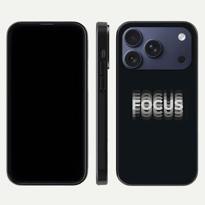 Mono Focus Vision Glass Case for iPhone 17 Pro front & back layout showing clean focus lines and curved edges