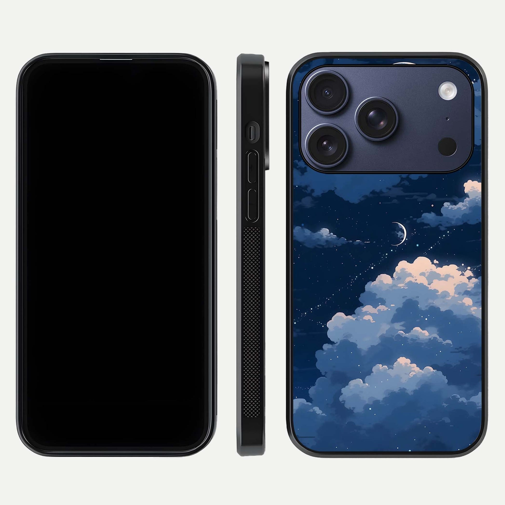 Moon Dream Haze Glass Case for iPhone 17 Pro front & back layout highlighting dreamy design and curved shape