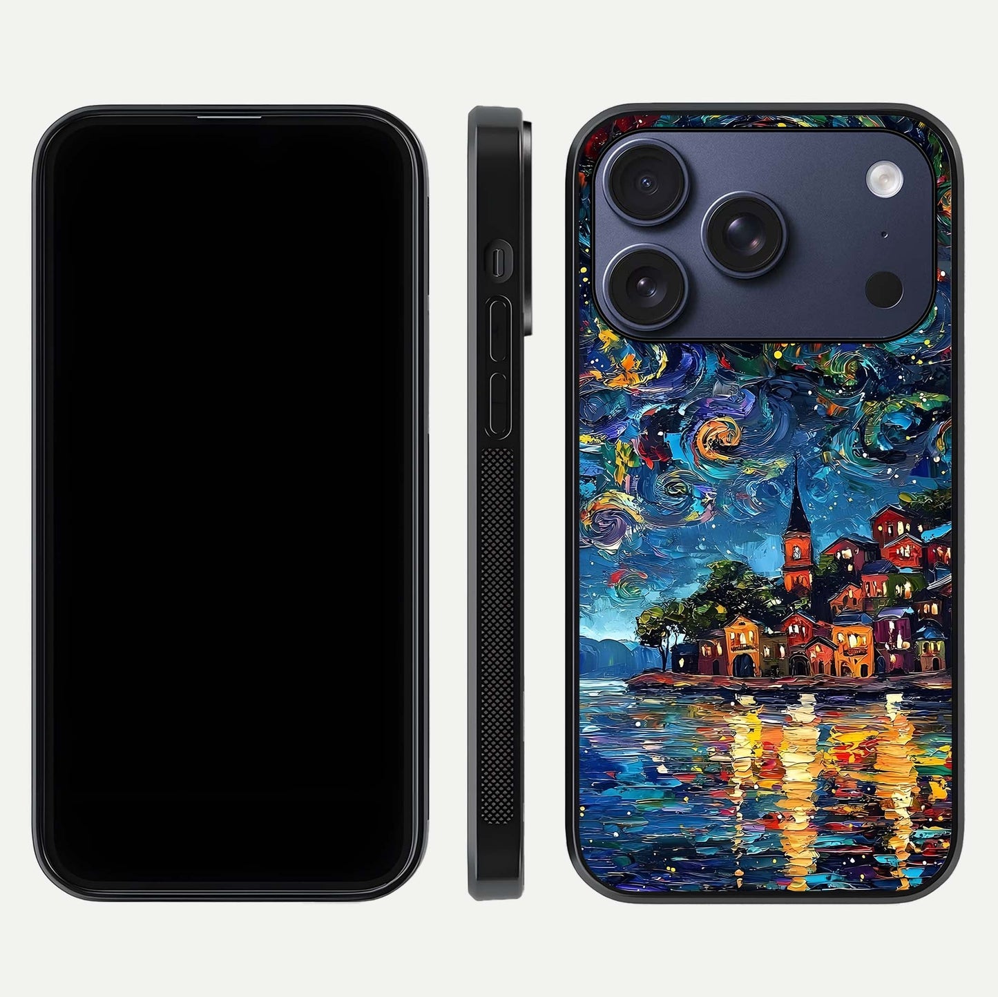 Moonlight Harbor Glow Glass Case for iPhone 17 Pro front & back layout highlighting calm harbor tones