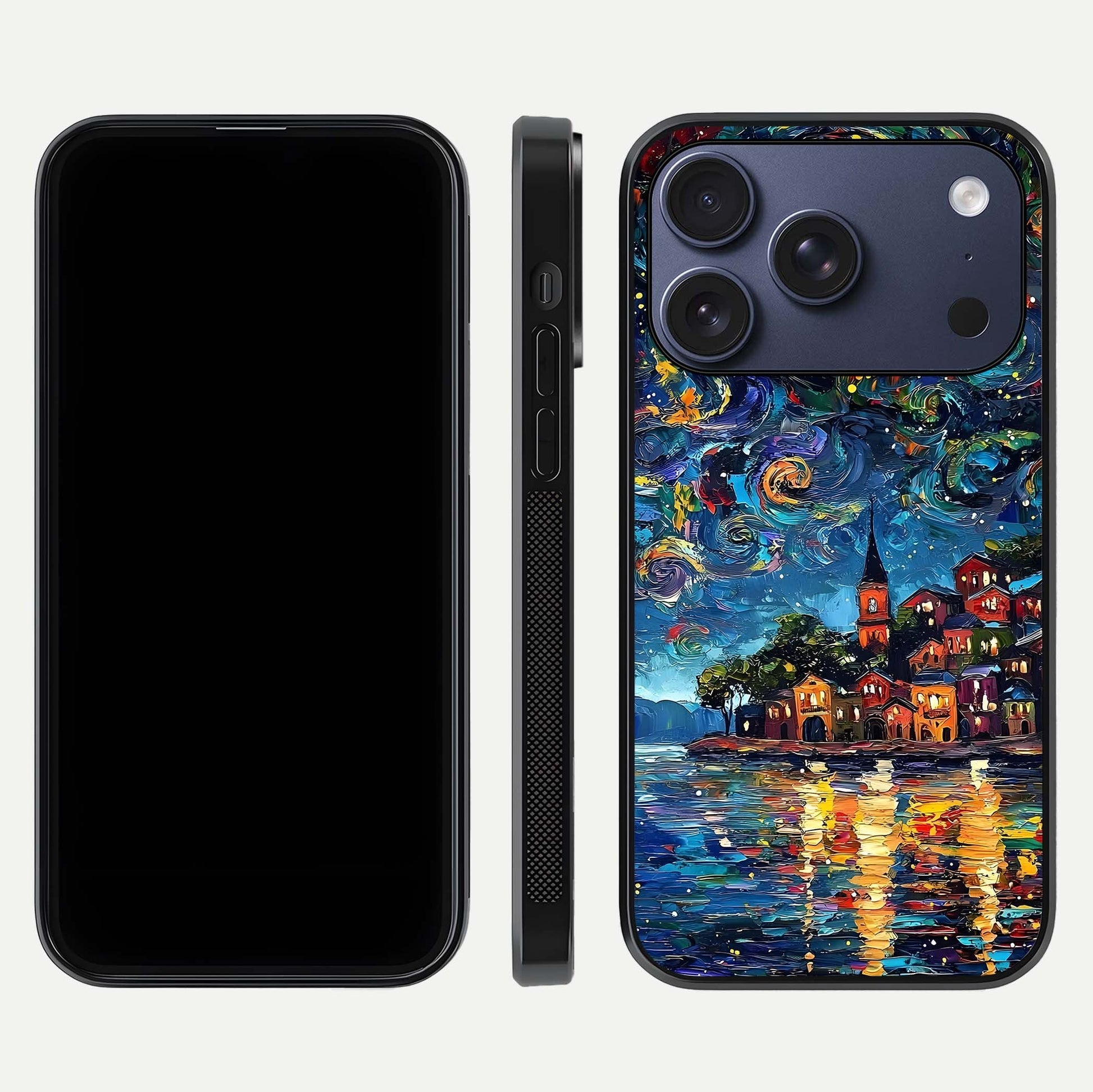 Moonlight Harbor Glow Glass Case for iPhone 17 Pro front & back layout highlighting calm harbor tones