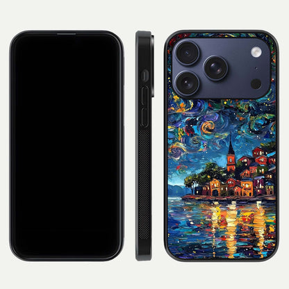 Moonlight Harbor Glow Glass Case for iPhone 17 Pro front & back layout highlighting calm harbor tones