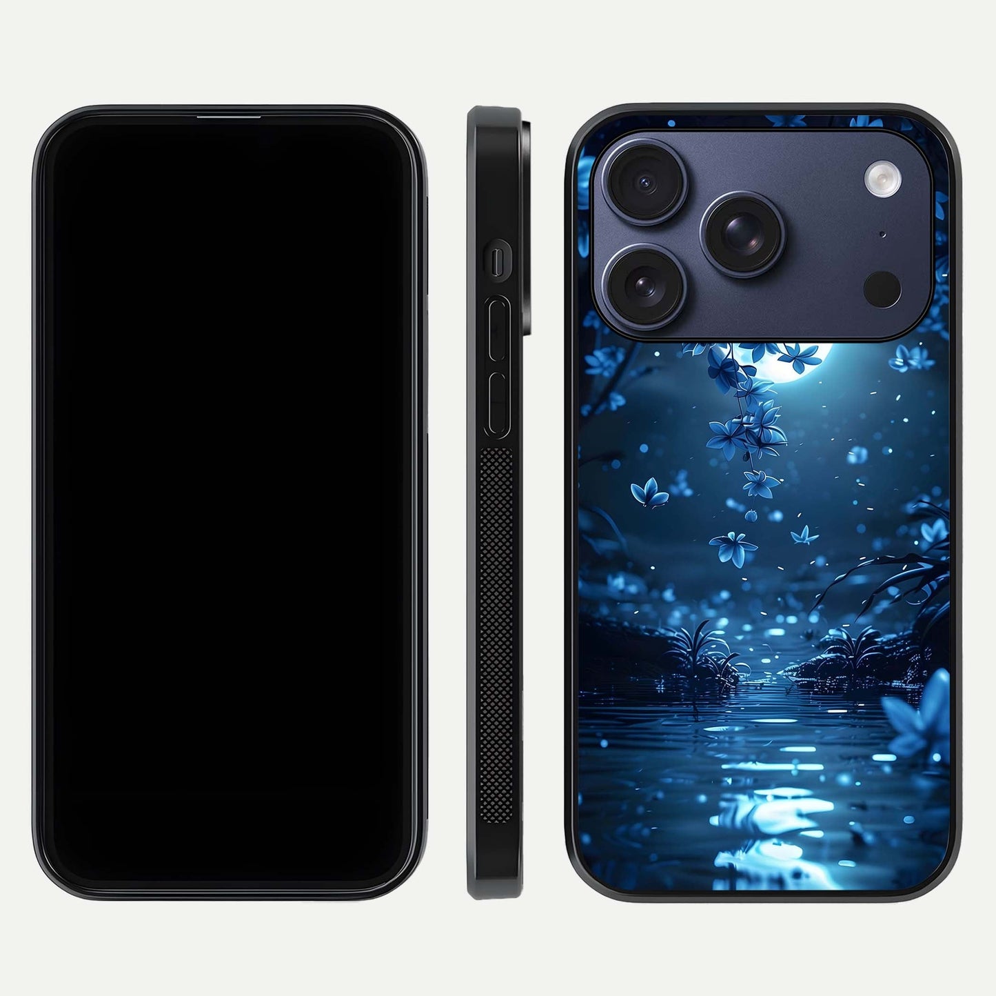 Moonlight Petal Dream Glass Case for iPhone 17 Pro front & back layout highlighting soft pastel tones