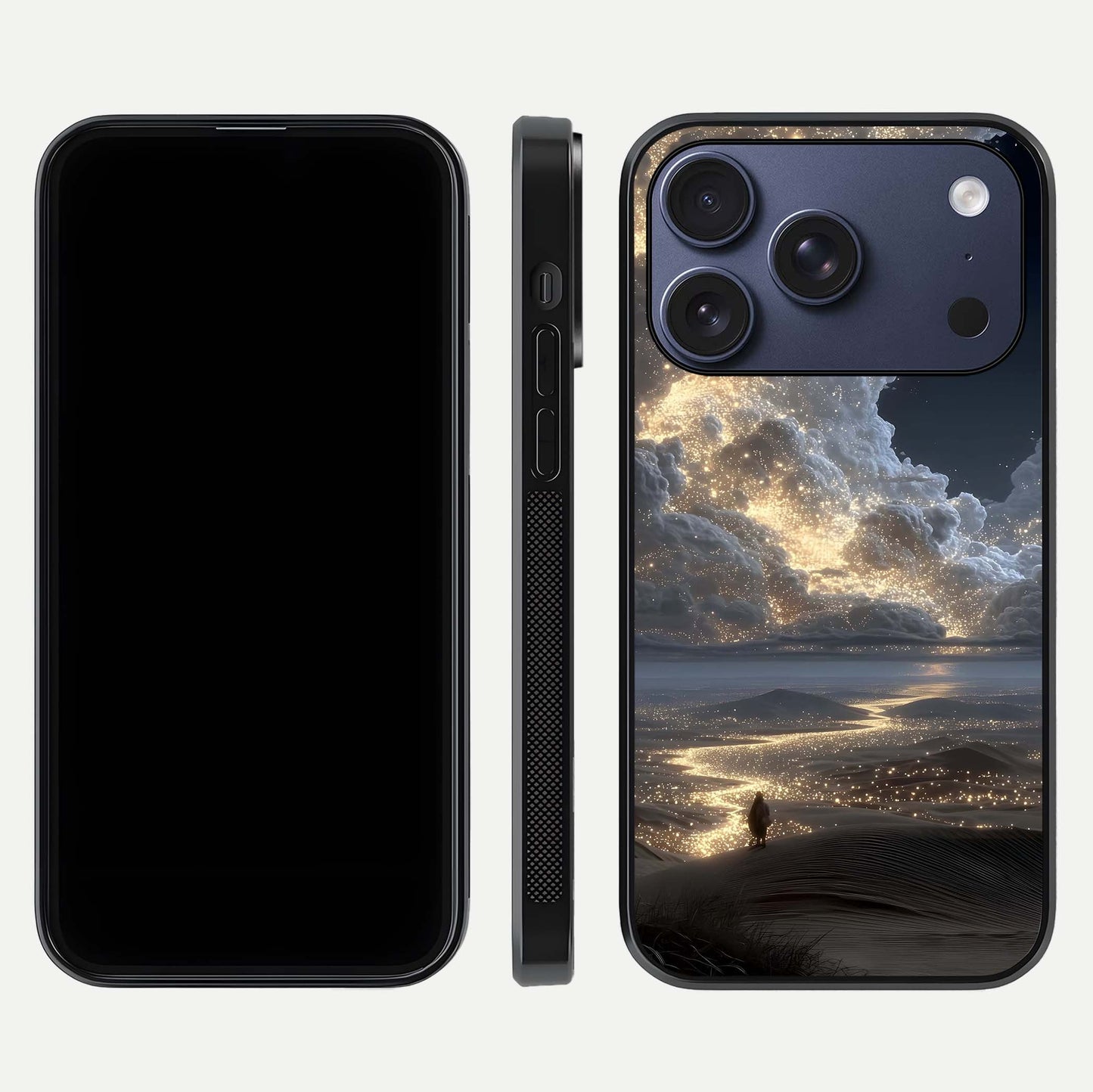 Moonlight Spark Path Glass Case for iPhone 17 Pro front & back layout highlighting calm tones and sleek edges
