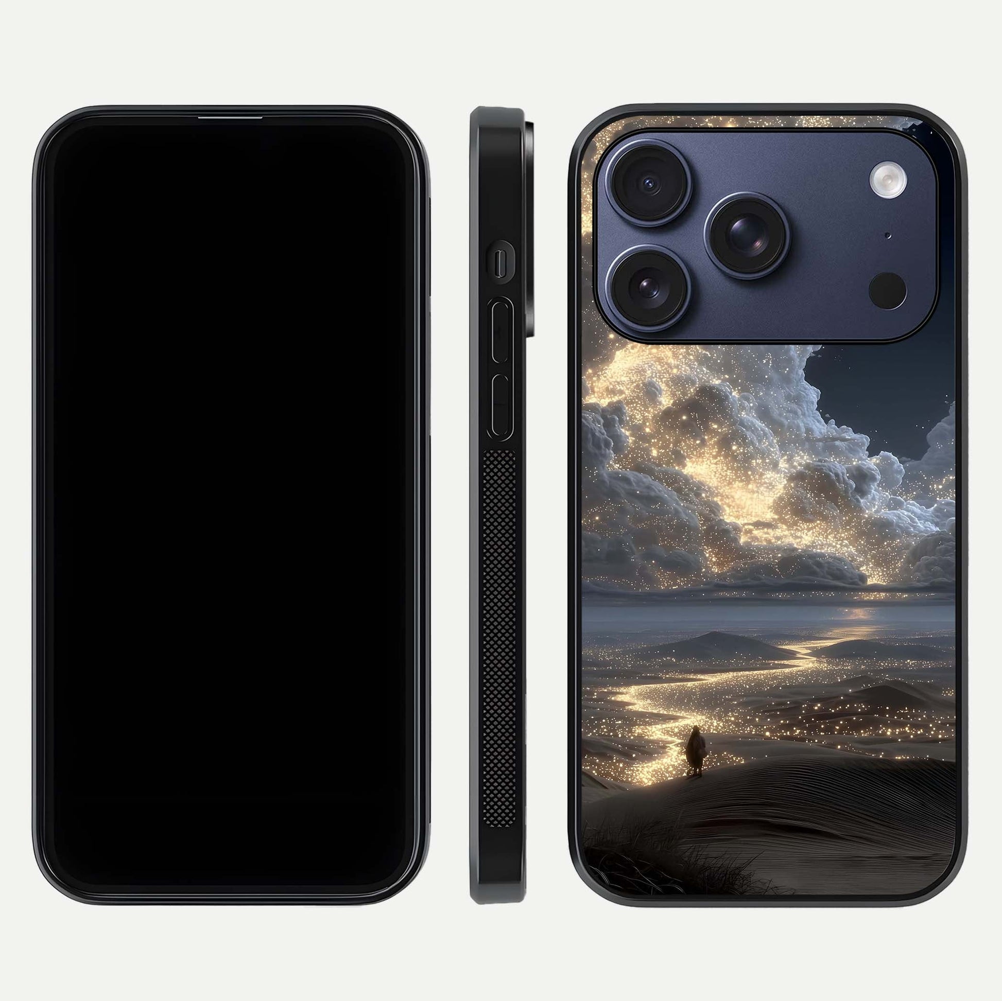 Moonlight Spark Path Glass Case for iPhone 17 Pro front & back layout highlighting calm tones and sleek edges
