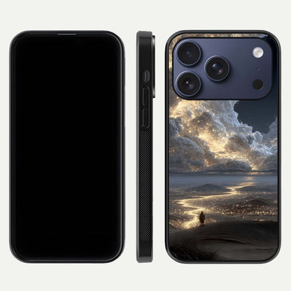 Moonlight Spark Path Glass Case for iPhone 17 Pro front & back layout highlighting calm tones and sleek edges