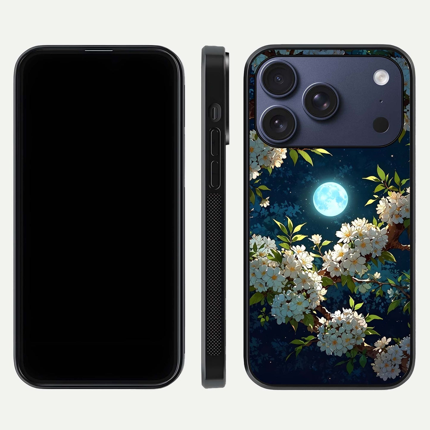 Moonlit Blossom Dream Glass Case for iPhone 17 Pro front & back layout highlighting moonlit tones and edges