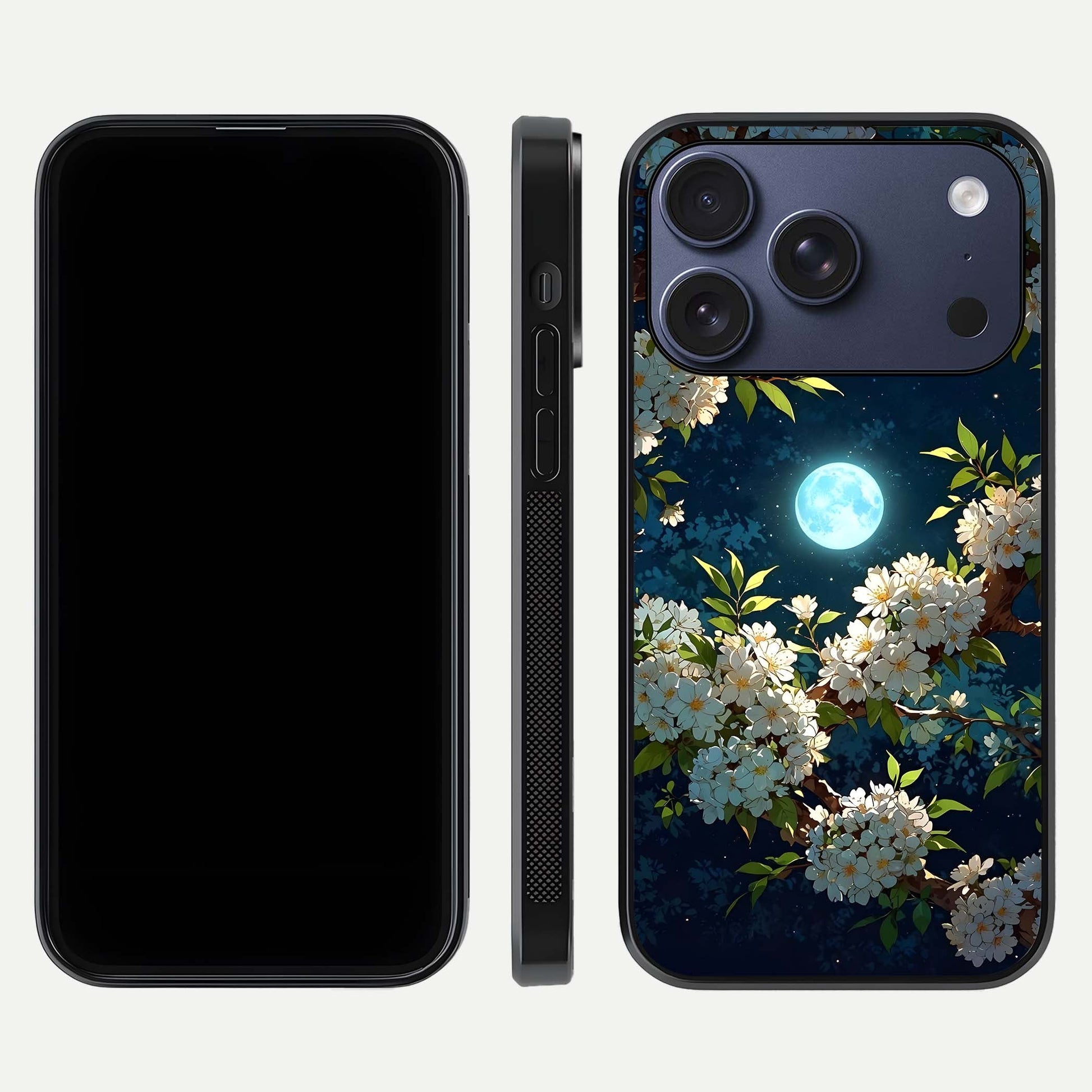 Moonlit Blossom Dream Glass Case for iPhone 17 Pro front & back layout highlighting moonlit tones and edges