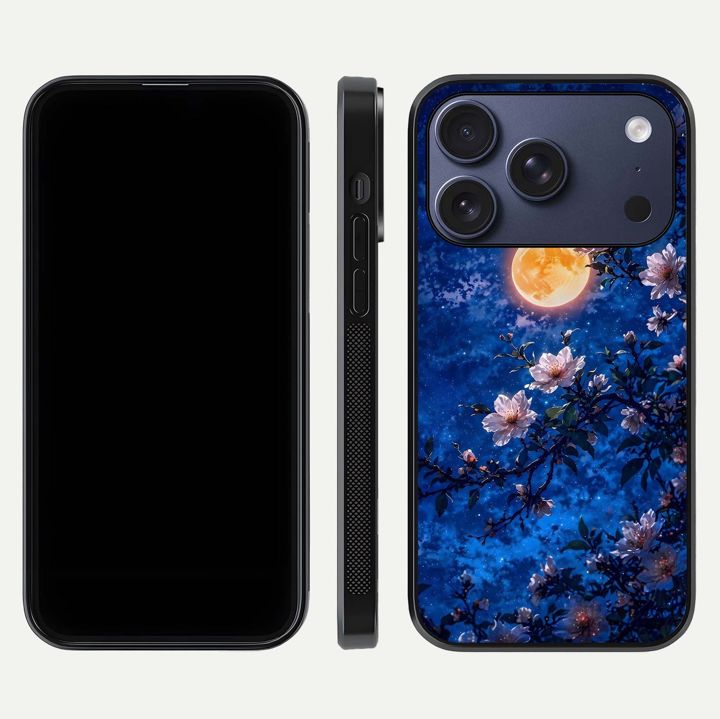 Moonlit Blossoms Night Glass Case for iPhone 17 Pro front & back layout highlighting moonlit tones and curved edges
