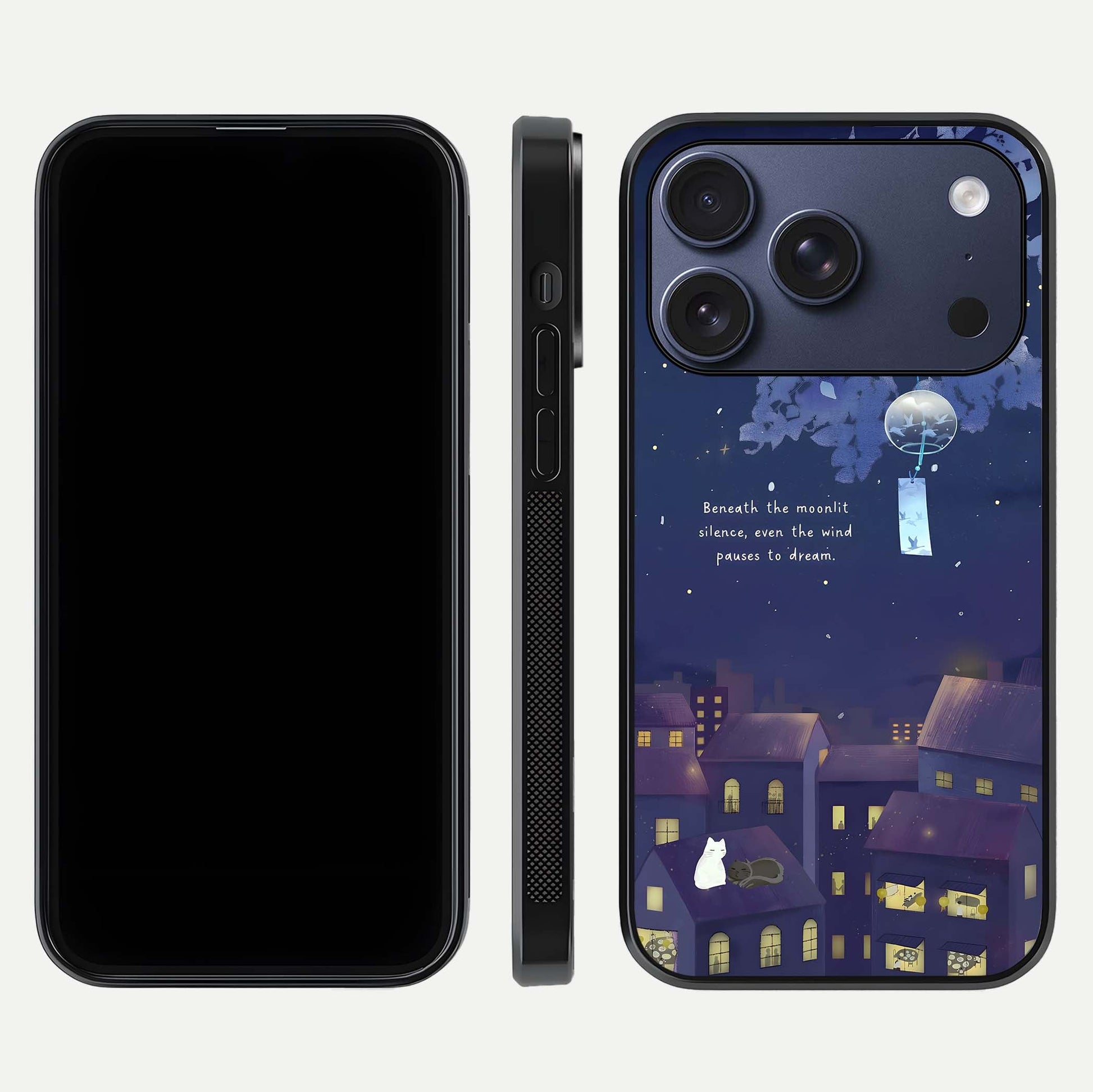 Moonlit Cat Silence Glass Case for iPhone 17 Pro front & back layout highlighting calm tones and edge detail