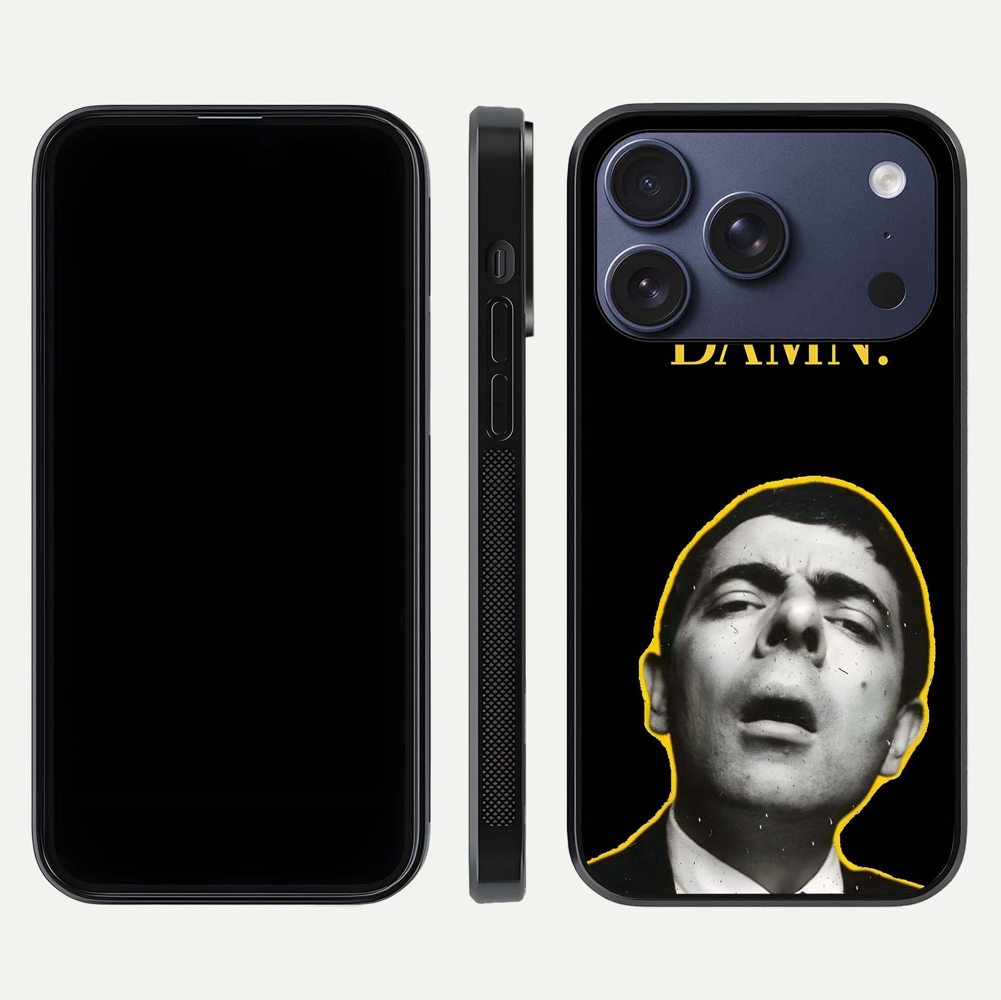 Mr Bean Damn Glass Case for iPhone 17 Pro front & back layout displaying fun artwork and curved smooth edges