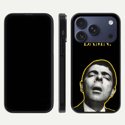 Mr Bean Damn Glass Case for iPhone 17 Pro front & back layout displaying fun artwork and curved smooth edges