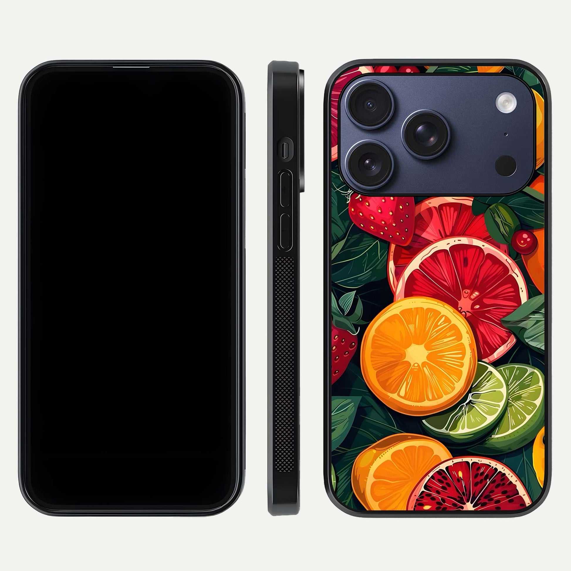 Multiple Fruits Glass Case for iPhone 17 Pro front & back layout highlighting vibrant tones and curved edges