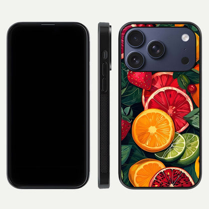 Multiple Fruits Glass Case for iPhone 17 Pro front & back layout highlighting vibrant tones and curved edges
