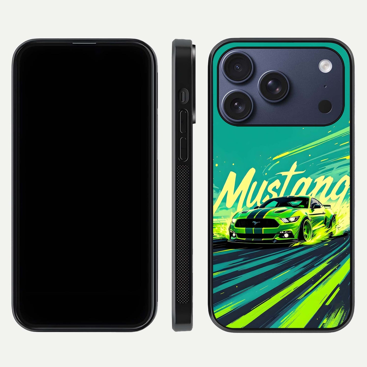 Mustang Bang Glass Case for iPhone 17 Pro front & back layout highlighting dark automotive tones and edge detail