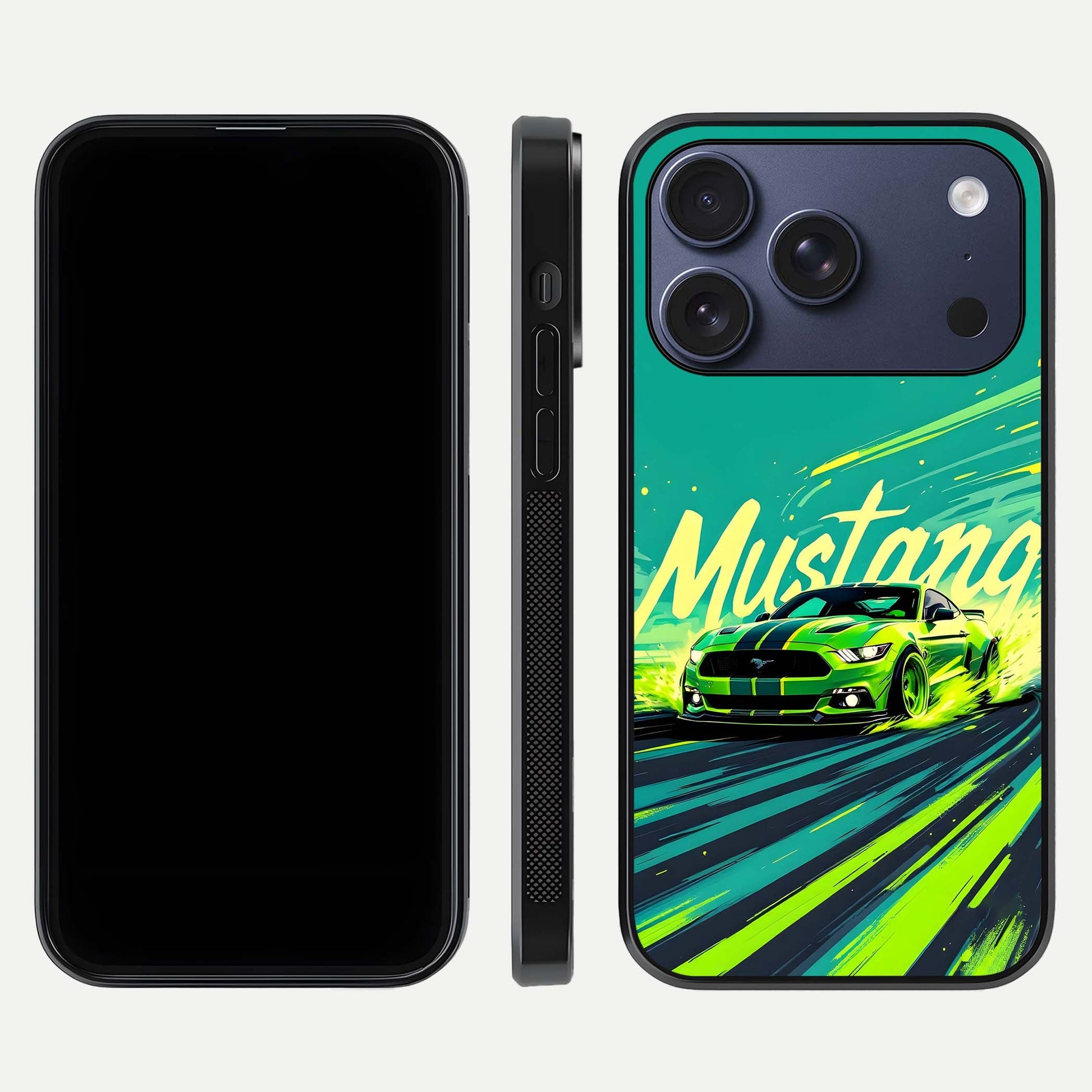 Mustang Bang Glass Case for iPhone 17 Pro front & back layout highlighting dark automotive tones and edge detail