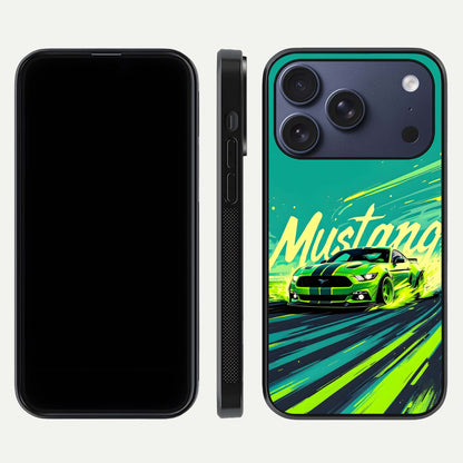 Mustang Bang Glass Case for iPhone 17 Pro front & back layout highlighting dark automotive tones and edge detail