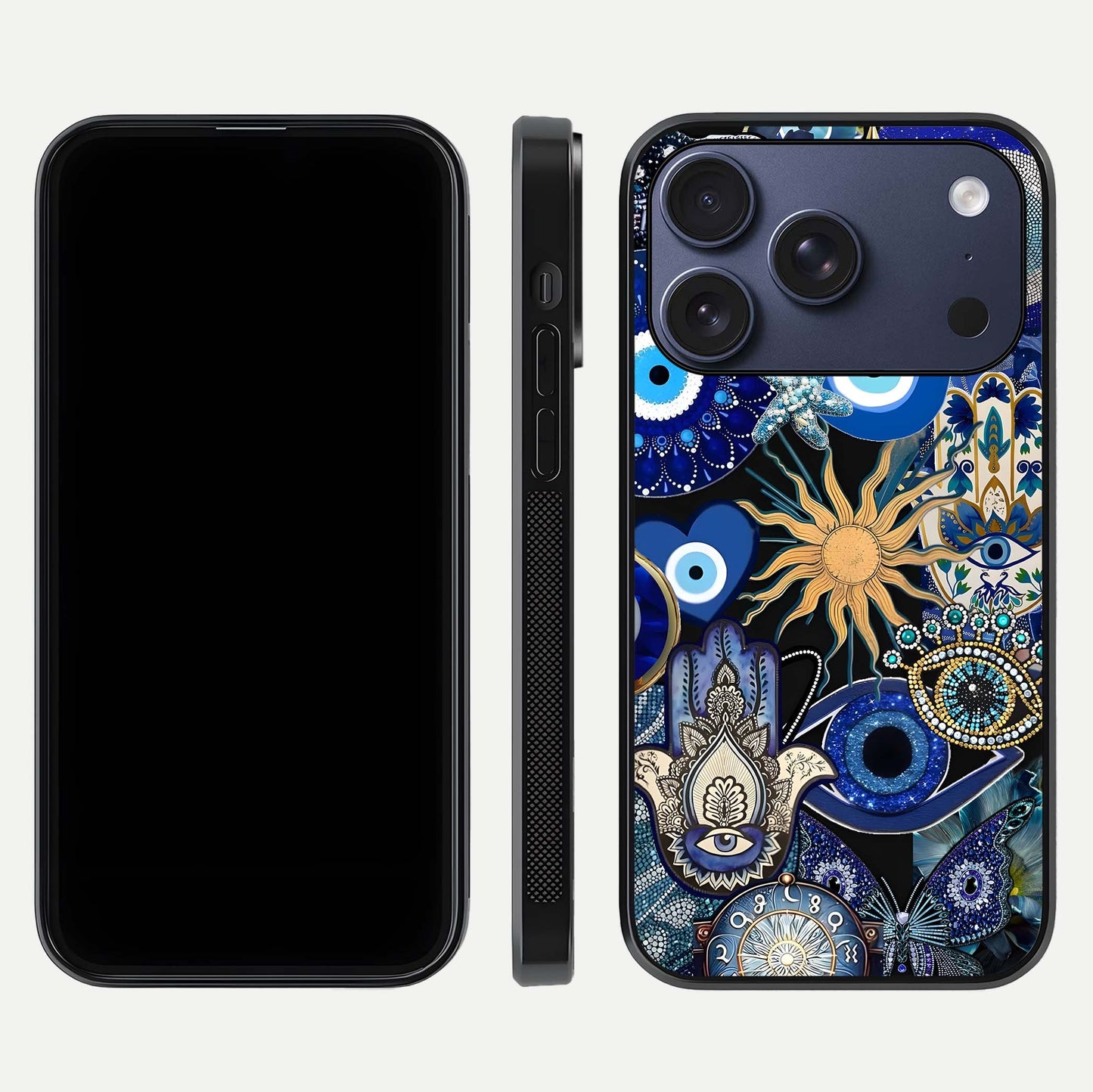 Mystic Blue Evil Eye Glass Case for iPhone 17 Pro front & back layout showing elegant tones and edge finish