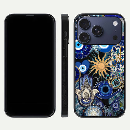Mystic Blue Evil Eye Glass Case for iPhone 17 Pro front & back layout showing elegant tones and edge finish