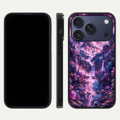 Mystic Cascade Peaks Glass Case for iPhone 17 Pro front & back layout highlighting HD landscape tones