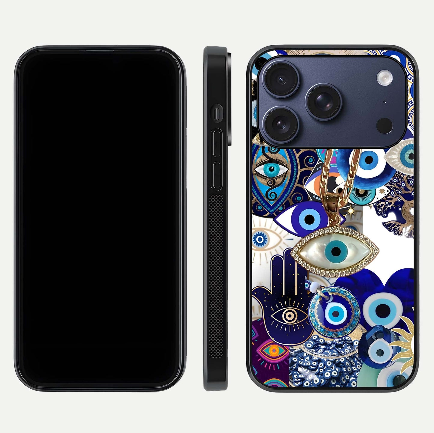 Mystic Charm Eye Glass Case for iPhone 17 Pro front & back layout highlighting spiritual design and edges
