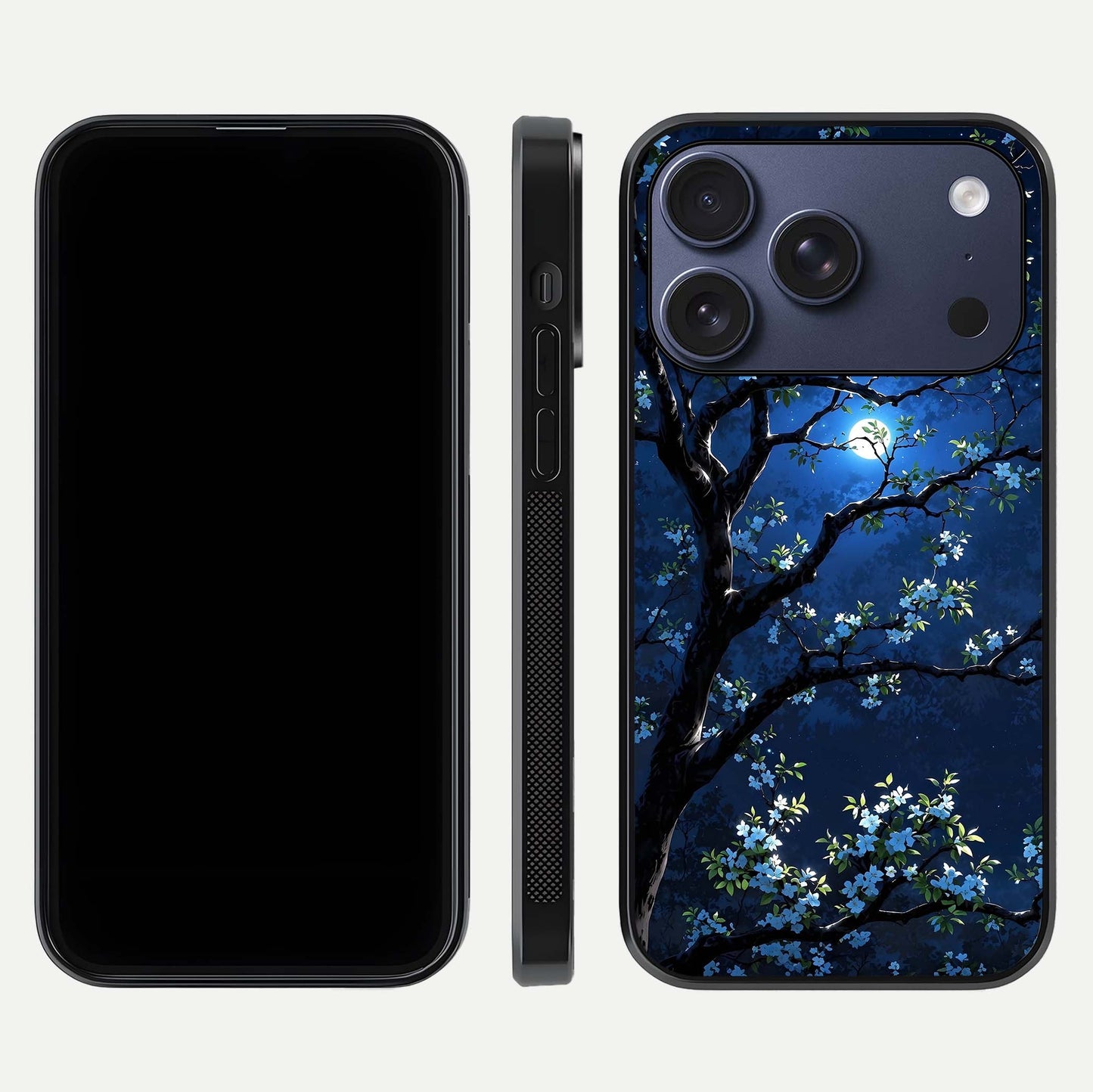 Mystic Floral Night Glass Case for iPhone 17 Pro front & back layout showing elegant floral art and smooth edges