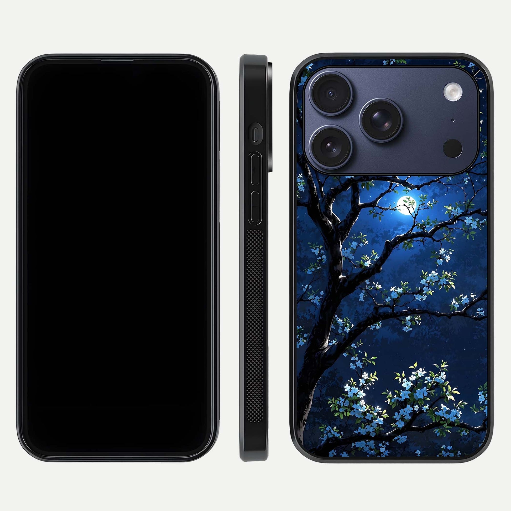 Mystic Floral Night Glass Case for iPhone 17 Pro front & back layout showing elegant floral art and smooth edges