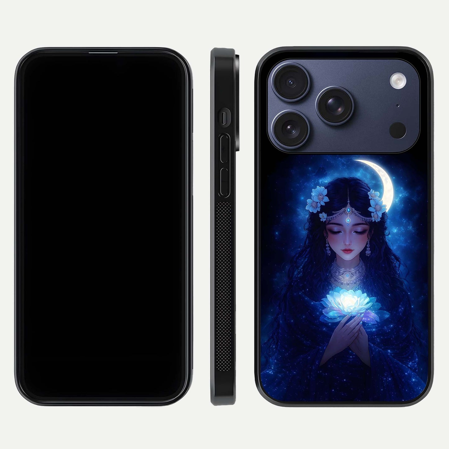 Mystic Moon Queen Glass Case for iPhone 17 Pro front & back layout highlighting divine illustration and edges