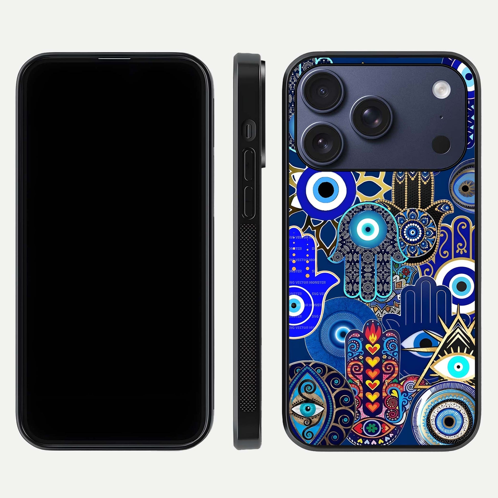 Mystic Palm Guard Glass Case for iPhone 17 Pro front & back layout highlighting spiritual art and edge finish