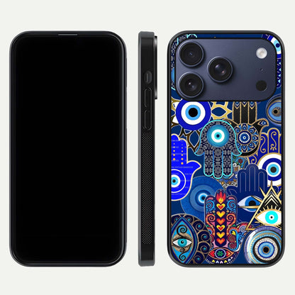 Mystic Palm Guard Glass Case for iPhone 17 Pro front & back layout highlighting spiritual art and edge finish