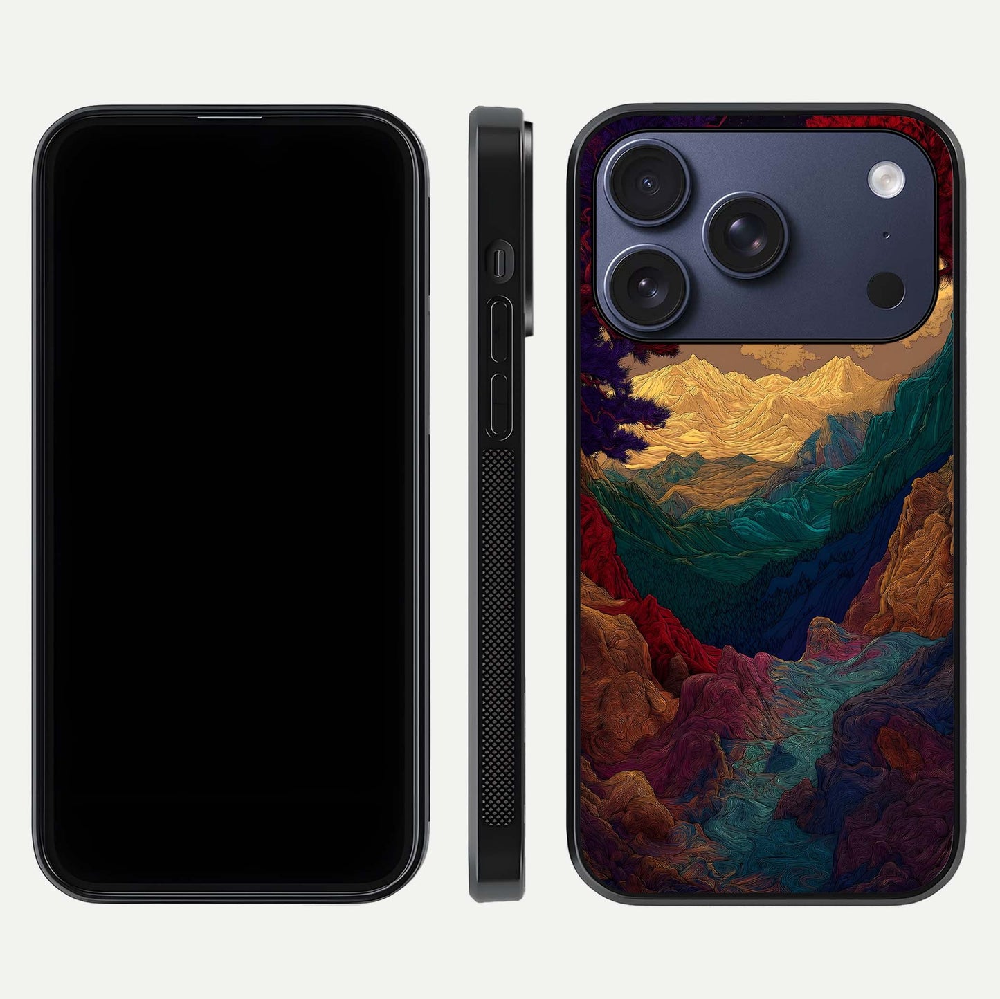 Mystic Valley Light Glass Case for iPhone 17 Pro front & back layout displaying landscape tones and edges