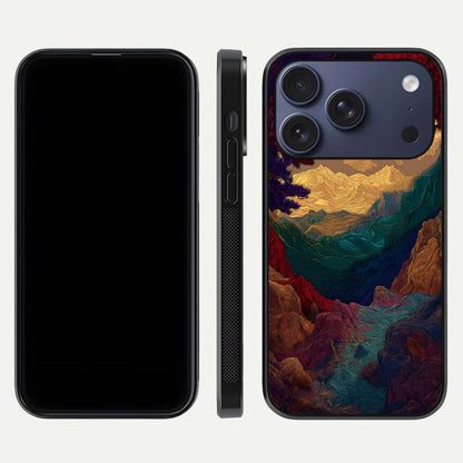 Mystic Valley Light Glass Case for iPhone 17 Pro front & back layout displaying landscape tones and edges