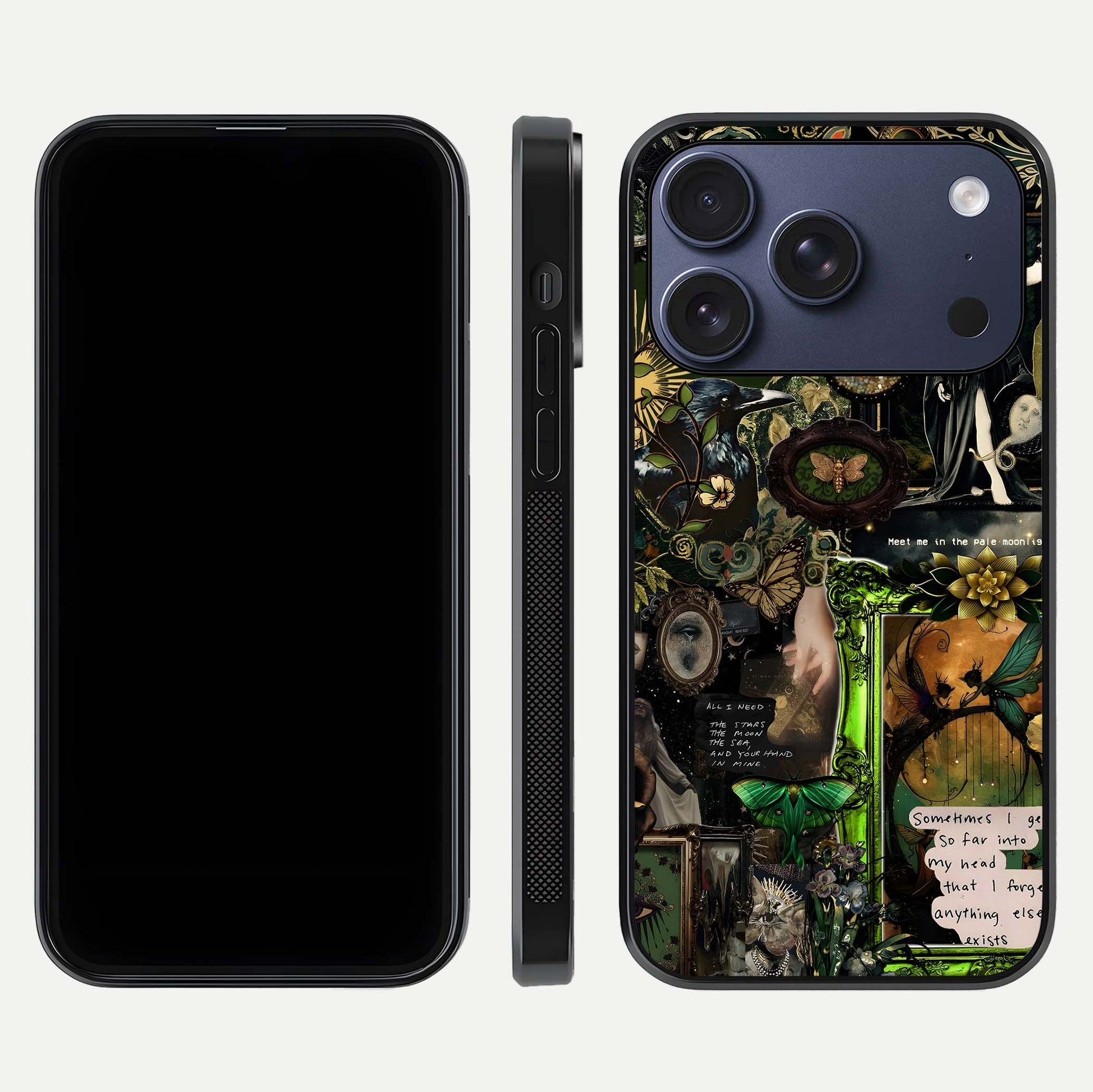 Mystic Woods Secret Glass Case for iPhone 17 Pro front & back layout showing nature theme and smooth edges
