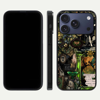 Mystic Woods Secret Glass Case for iPhone 17 Pro front & back layout showing nature theme and smooth edges