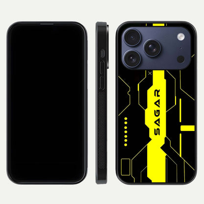 Neon CYBERPUNK Custom Name Glass Case for iPhone 17 Pro front & back layout showing tech art and custom edge