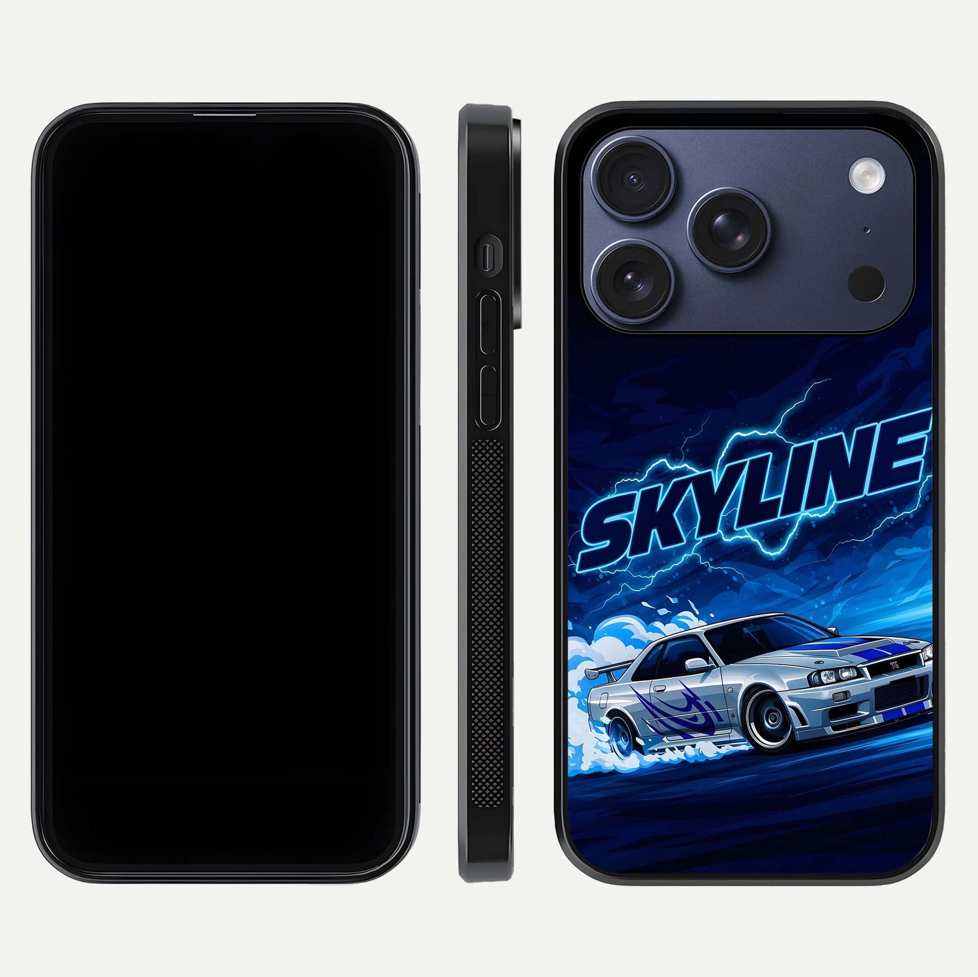 Neon Drift Beast Glass Case for iPhone 17 Pro front & back layout showing car silhouette and edge design
