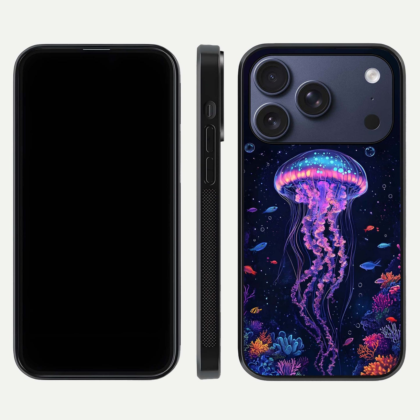 Neon Jellyfish Glass Case for iPhone 17 Pro front & back layout highlighting HD marine art and curved edges