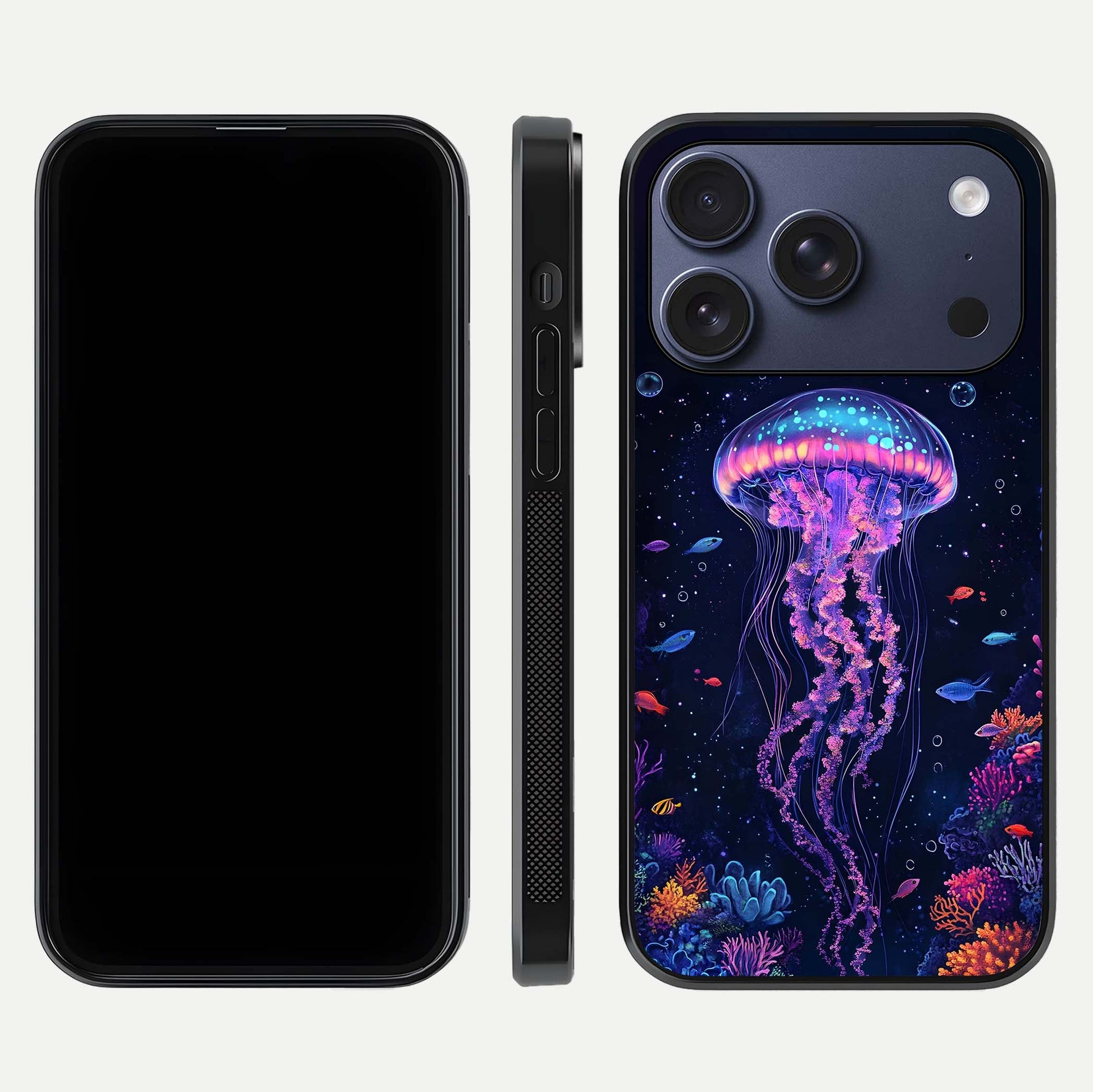 Neon Jellyfish Glass Case for iPhone 17 Pro front & back layout highlighting HD marine art and curved edges
