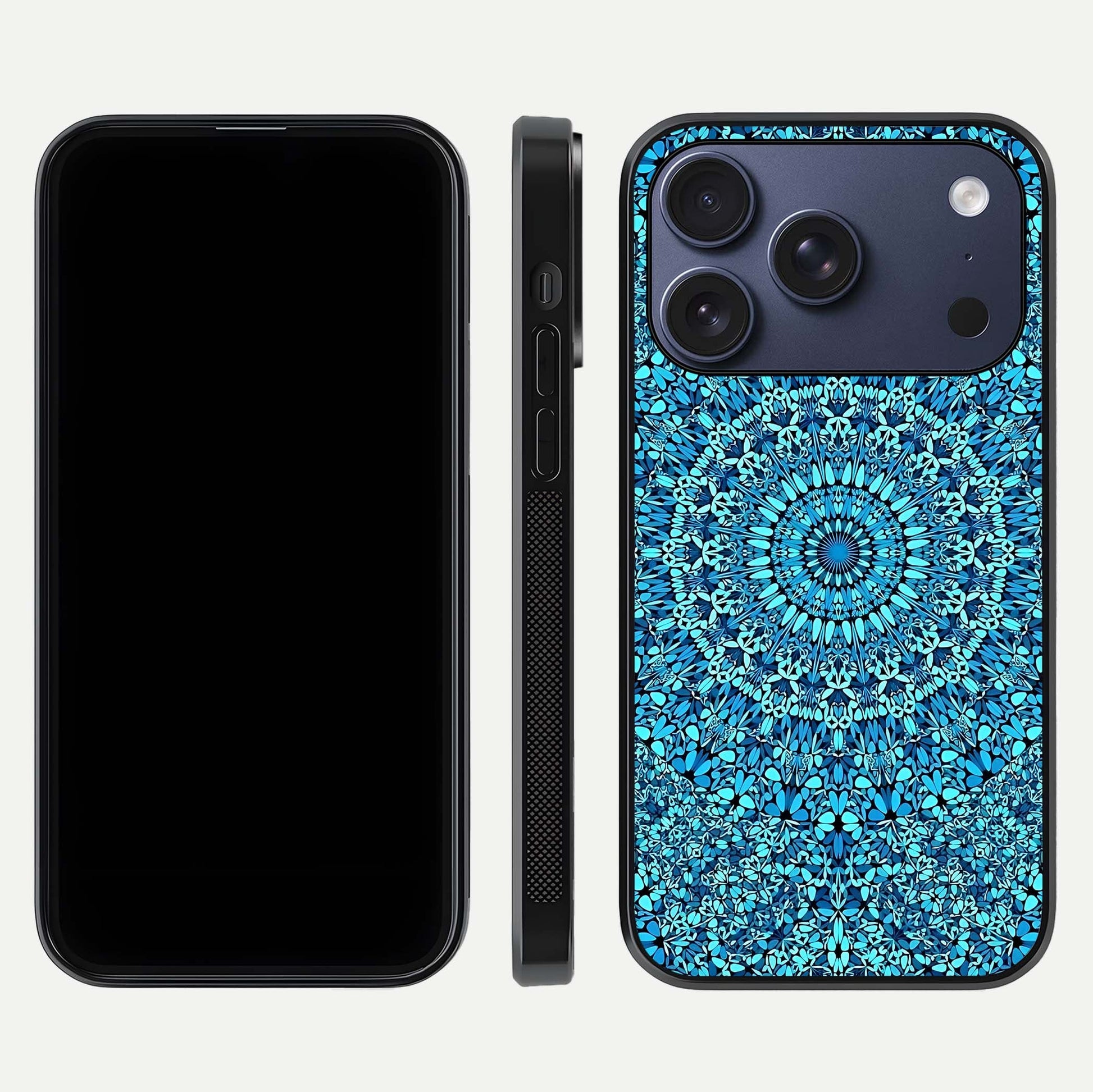 Ocean Bloom Mandala Glass Case for iPhone 17 Pro front & back layout showing ocean tone design and edges