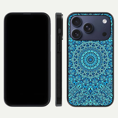 Ocean Bloom Mandala Glass Case for iPhone 17 Pro front & back layout showing ocean tone design and edges