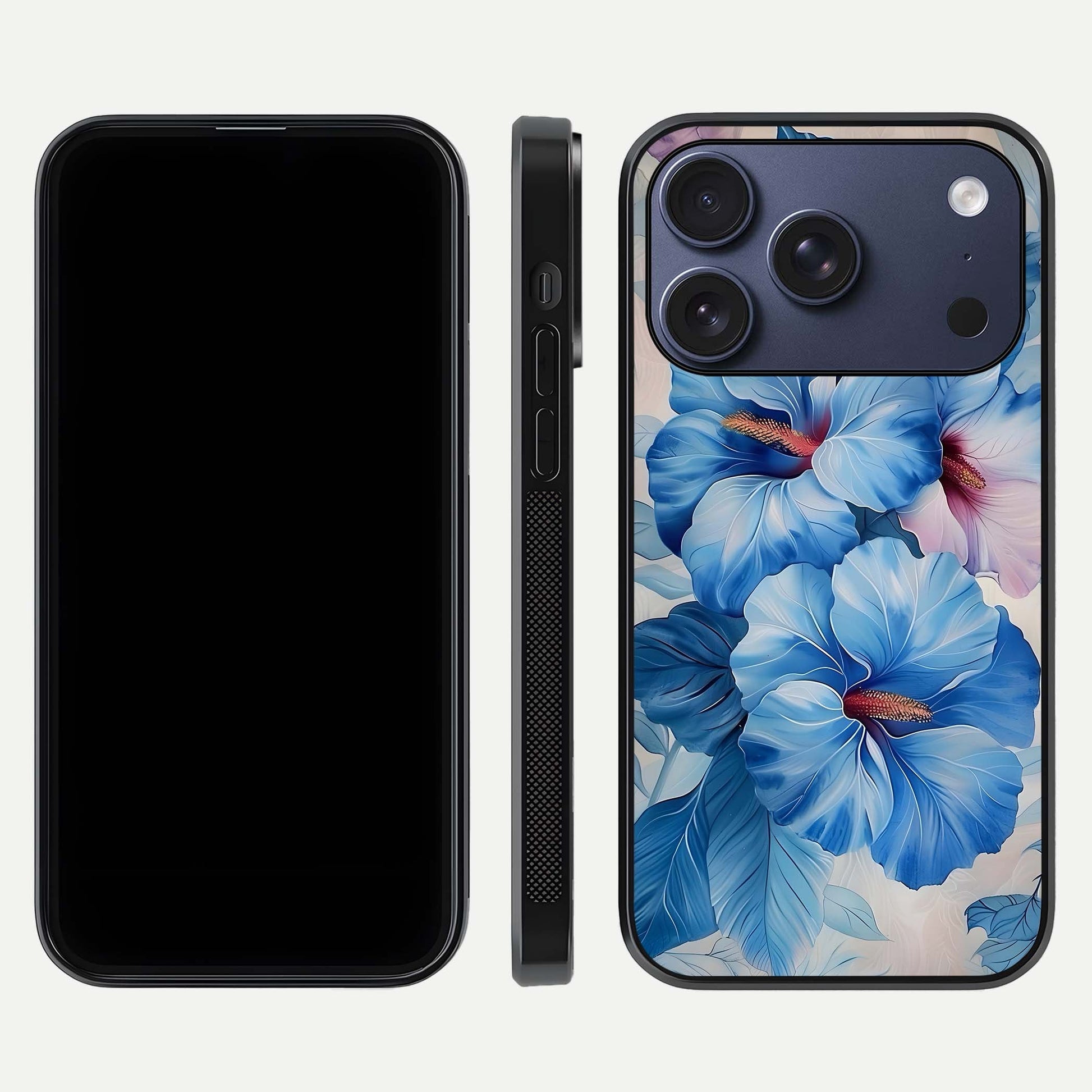 Ocean Hibiscus Grace Glass Case for iPhone 17 Pro front & back layout showing vibrant oceanic tones and curves