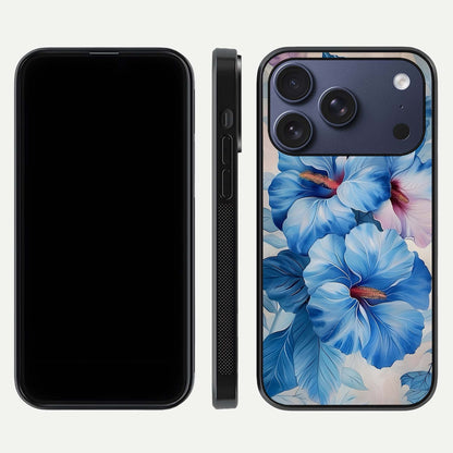 Ocean Hibiscus Grace Glass Case for iPhone 17 Pro front & back layout showing vibrant oceanic tones and curves